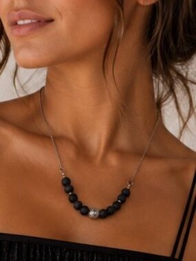 Handmade Beaded Necklace Lava Stone Crystal 24" Aromatherapy